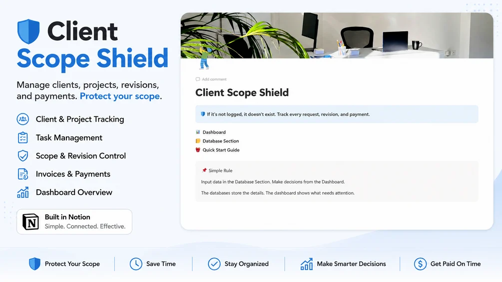 Client Scope Shield — a Notion template for freelancers to track clients, scope creep and invoices.
