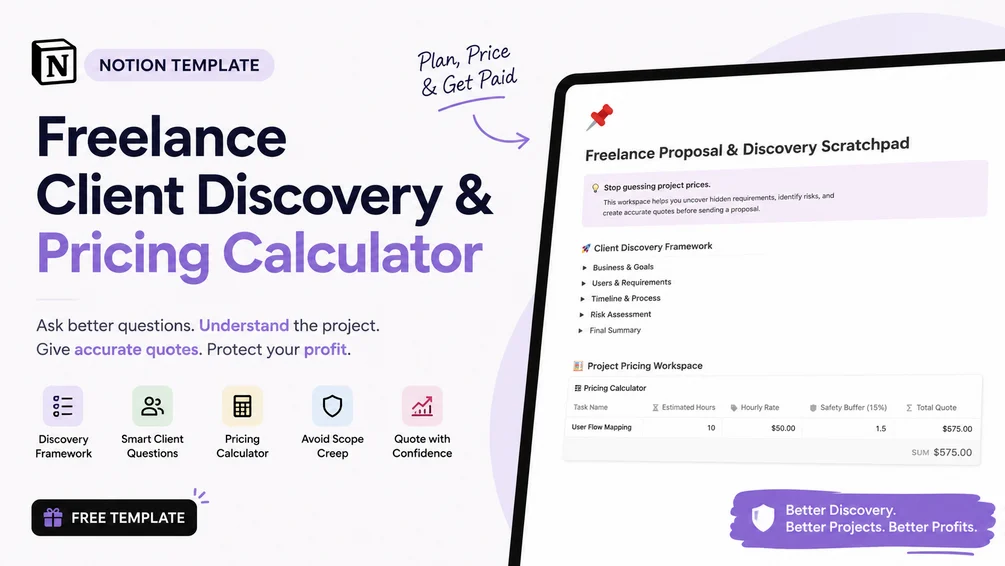 Freelance Client Discovery and Pricing Calculator — a free Notion template for accurate project quotes.