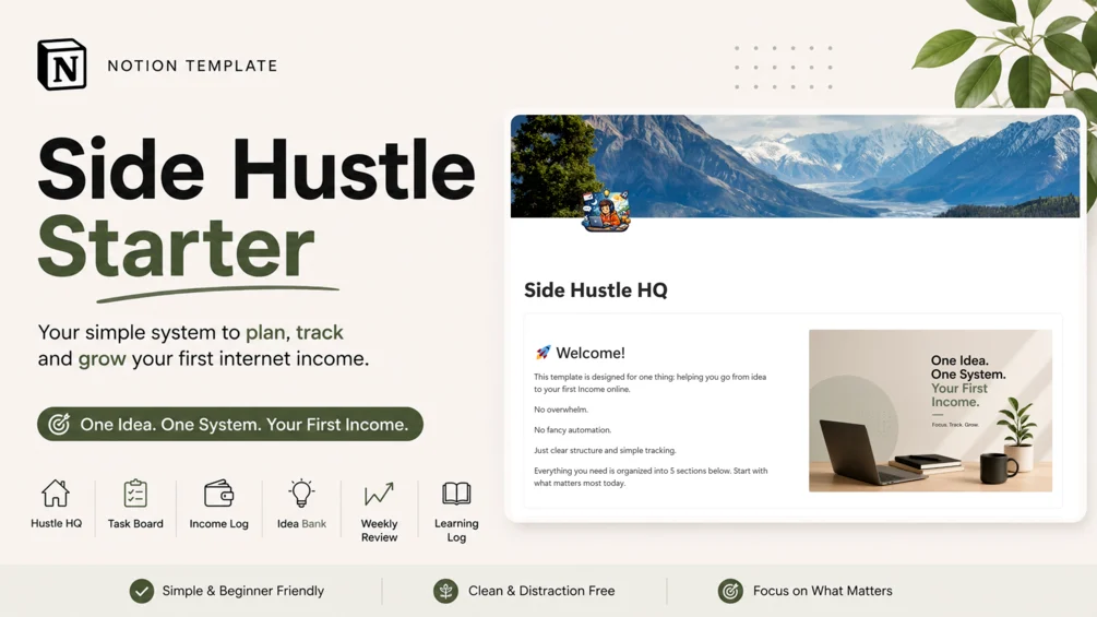 Side Hustle Starter — a Notion template to plan, track and grow your first internet income.